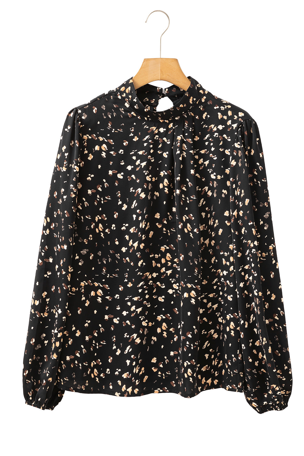 Blusa plisada con cuello alto y mangas abullonadas con estampado de leopardo negro