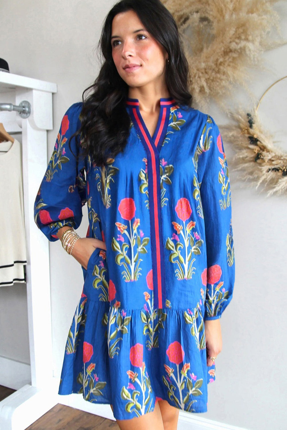 Sky Blue Floral Print Pop of Color V Neck Mini Dress