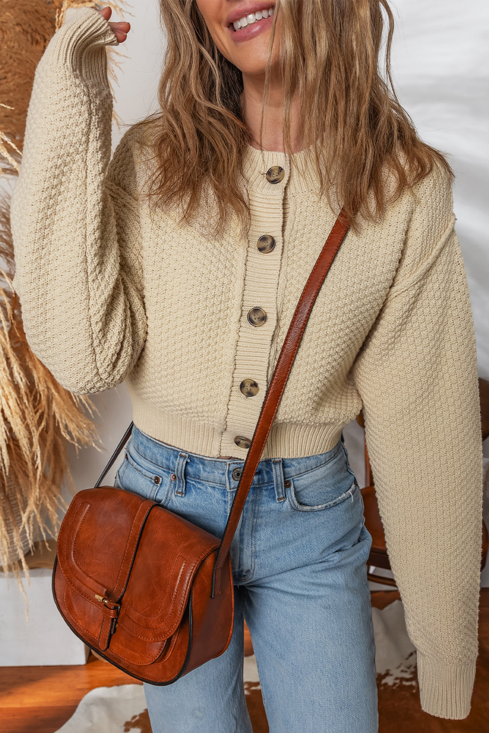 Beige Button Front Cropped Cardigan Sweater