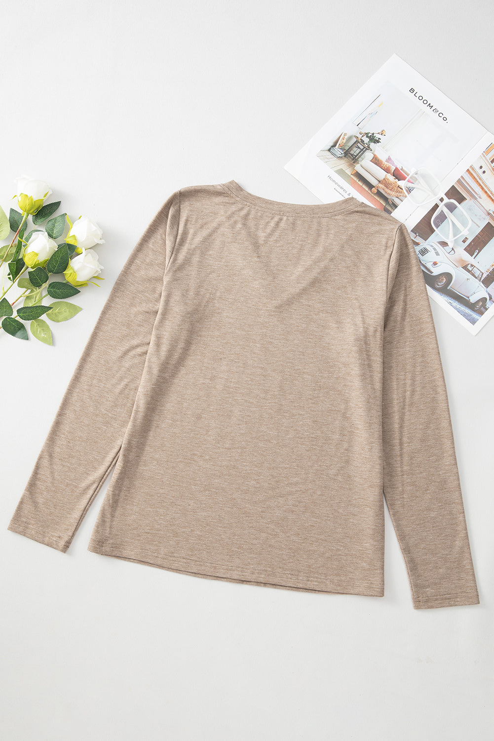 Smoke Gray Plain V Neck Long Sleeve Top