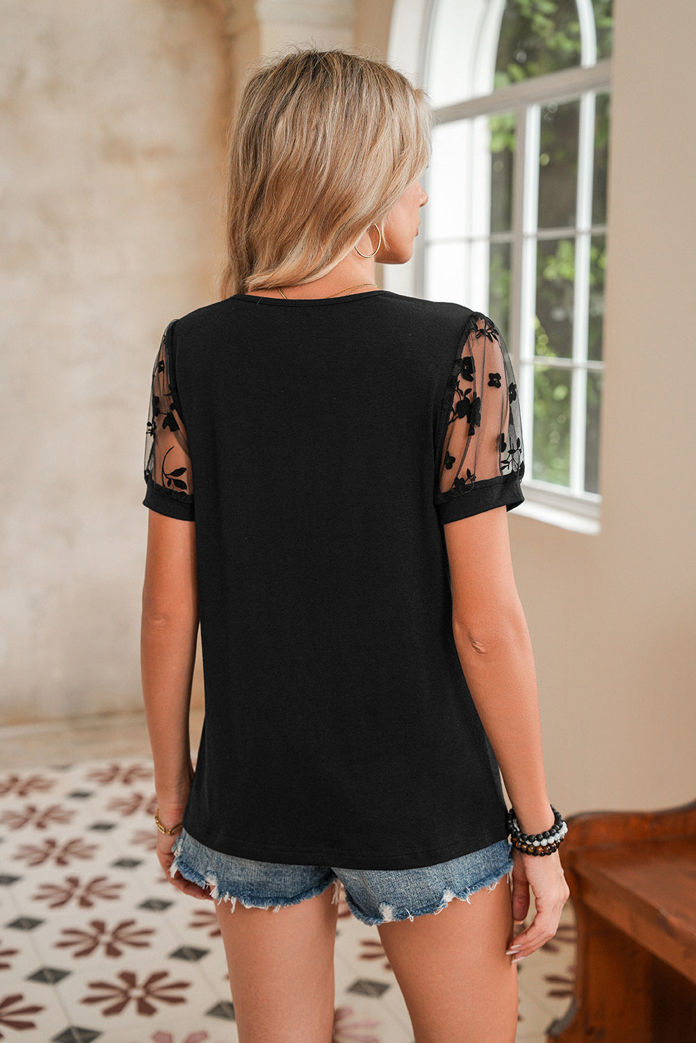 Black Floral Lace Patchwork Crew Neck T Shirt