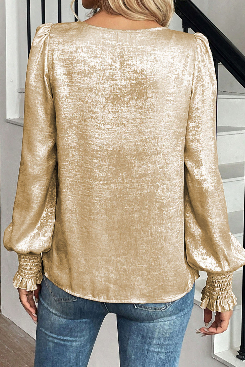 Apricot Plus Size Metallic Long Flounce Sleeve Blouse
