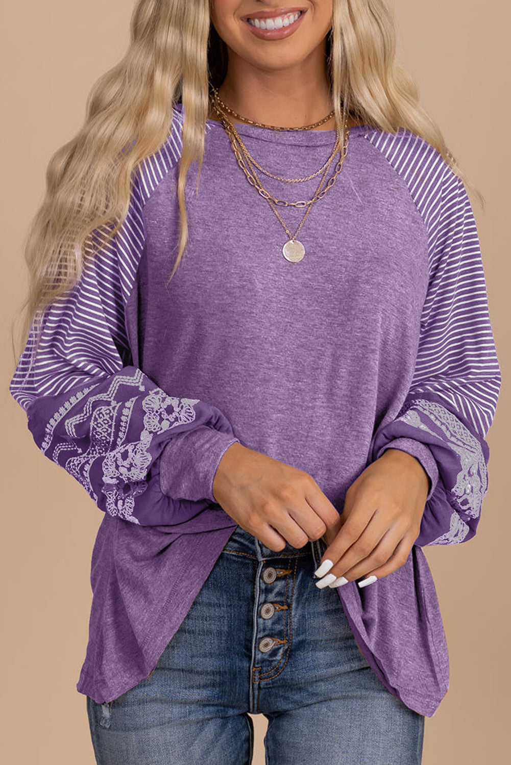 Medium Grey Contrast Print Striped Raglan Long Sleeve Loose Top