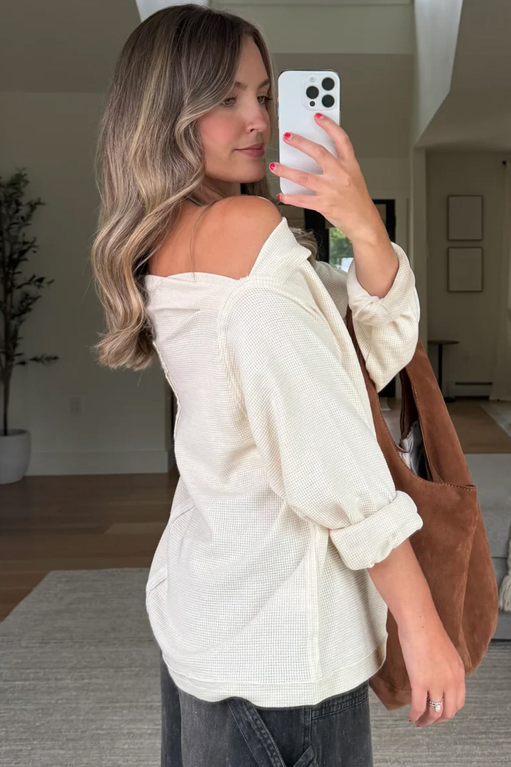 Haut à manches longues en maille gaufrée unie Old Rose, col asymétrique