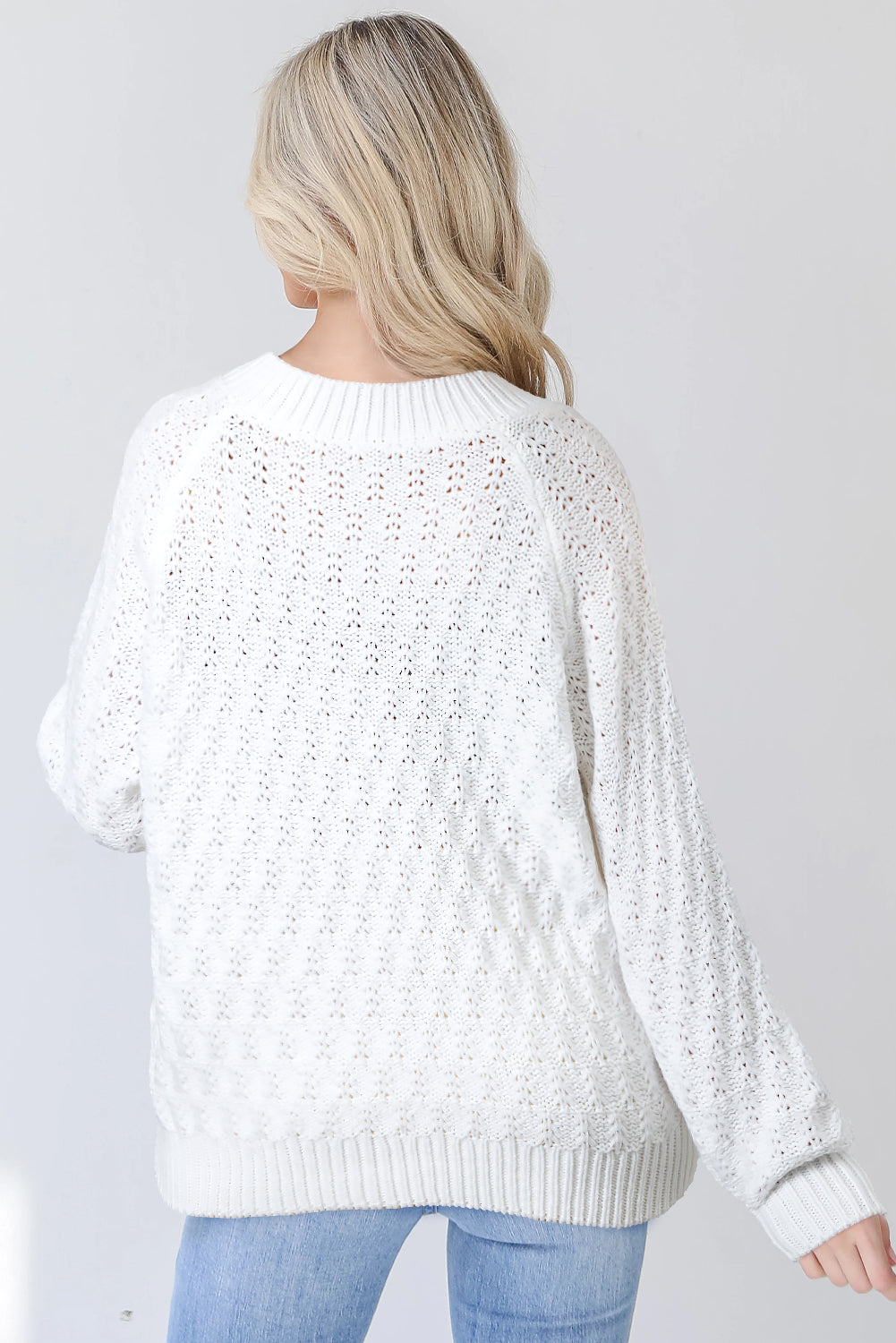 White Plain Knit Ribbed Edge V Neck Loose Sweater