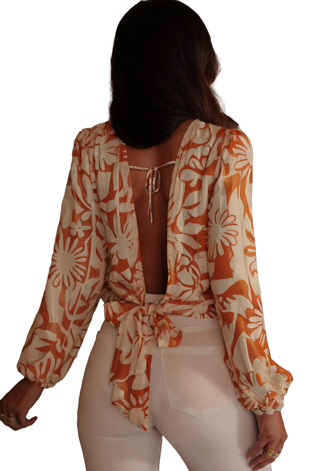 Orange Floral Print Knotted Backless Long Sleeve Blouse