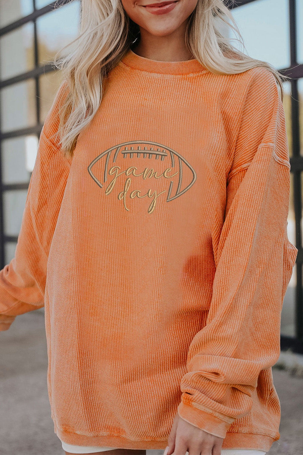 Orange Football Graphic Drop Shoulder Game Day Corded Sweatshirt