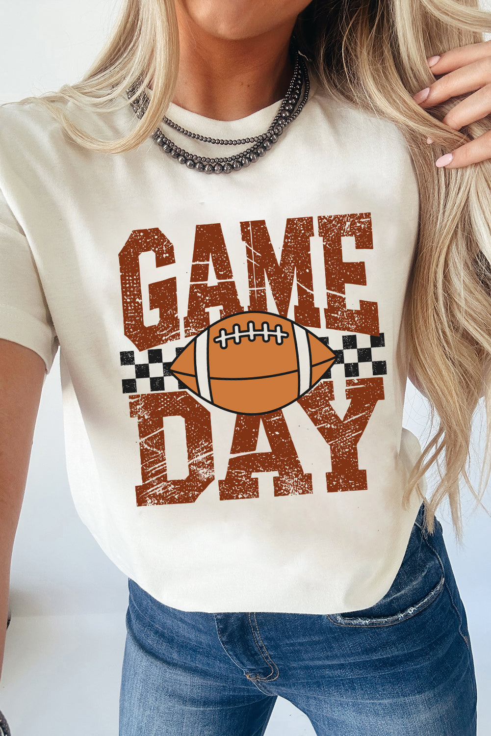 White GAME DAY Checkered Football Print Vintage Graphic Tee