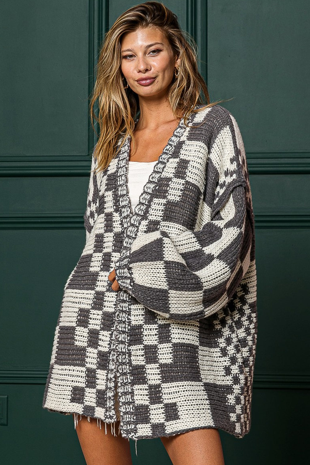 Multicolor Plaid Open Front Knitted Cardigan