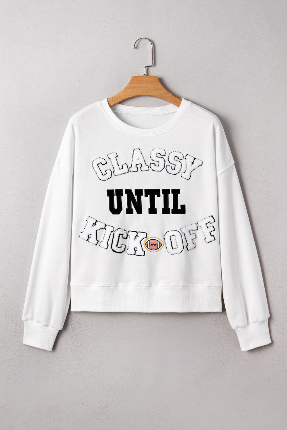 Black CLASSY UNTIL KICKOFF Plush Letter Patched Loose Sweatshirt