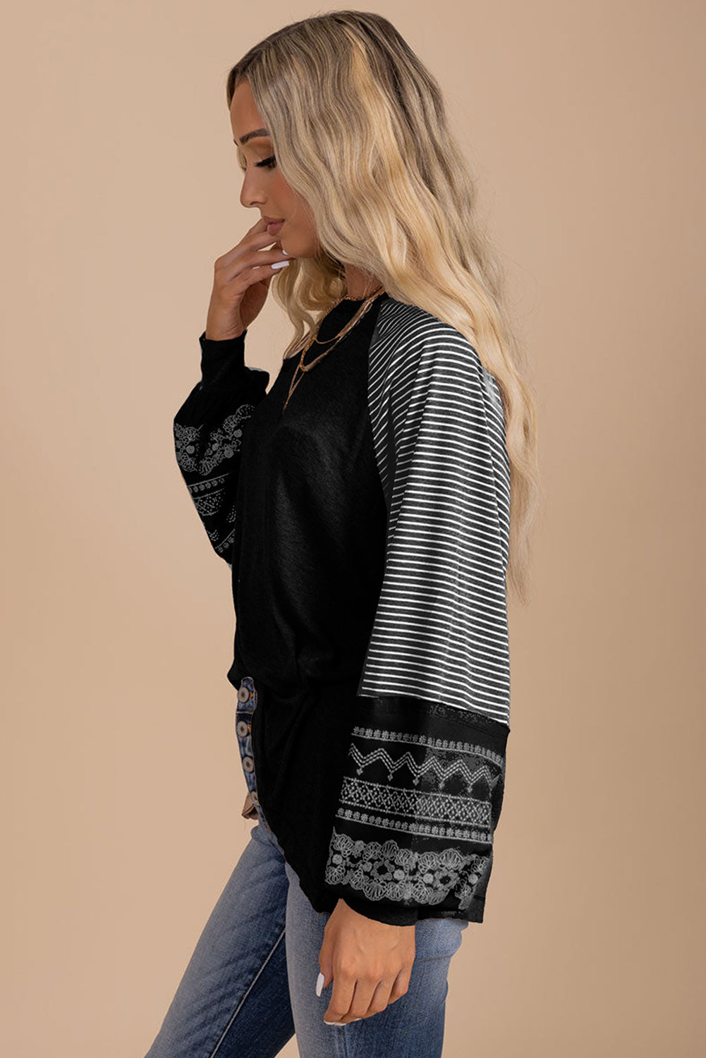 Medium Grey Contrast Print Striped Raglan Long Sleeve Loose Top