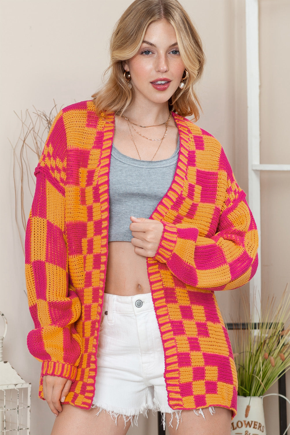 Multicolor Plaid Open Front Knitted Cardigan