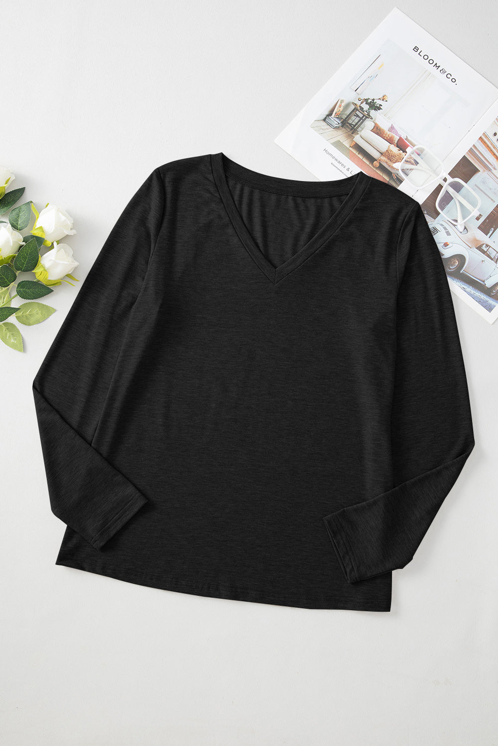 Smoke Gray Plain V Neck Long Sleeve Top