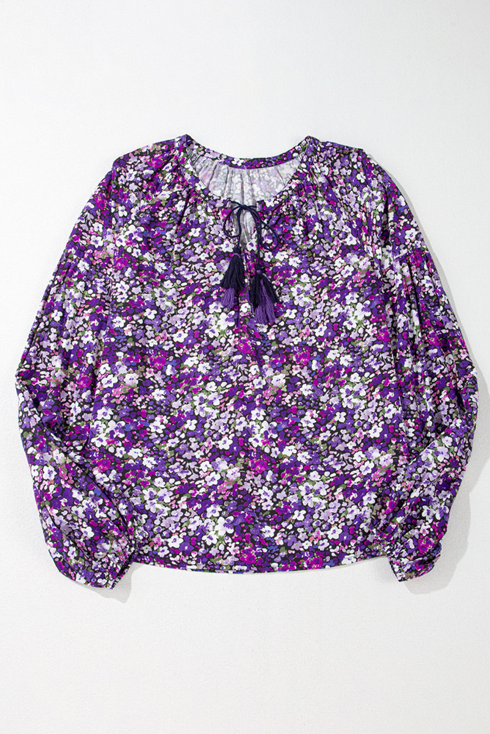 Purple Boho Ditsy Floral Split V Neck Bubble Sleeve Blouse