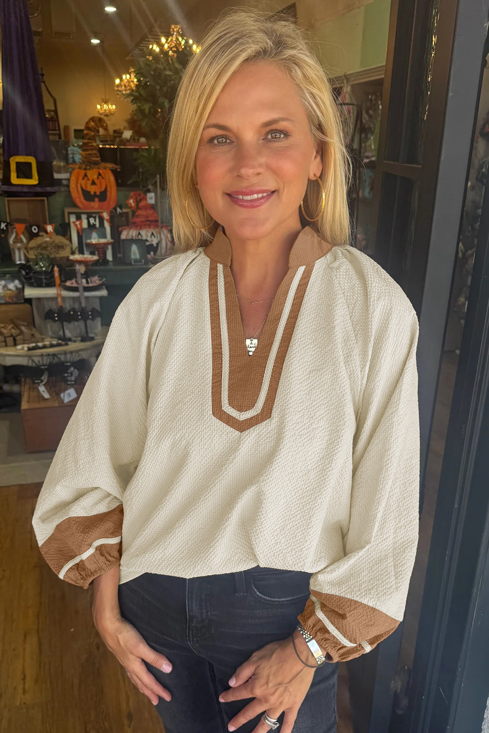 Black Colorblock Contrast V-neck Long Sleeve Blouse