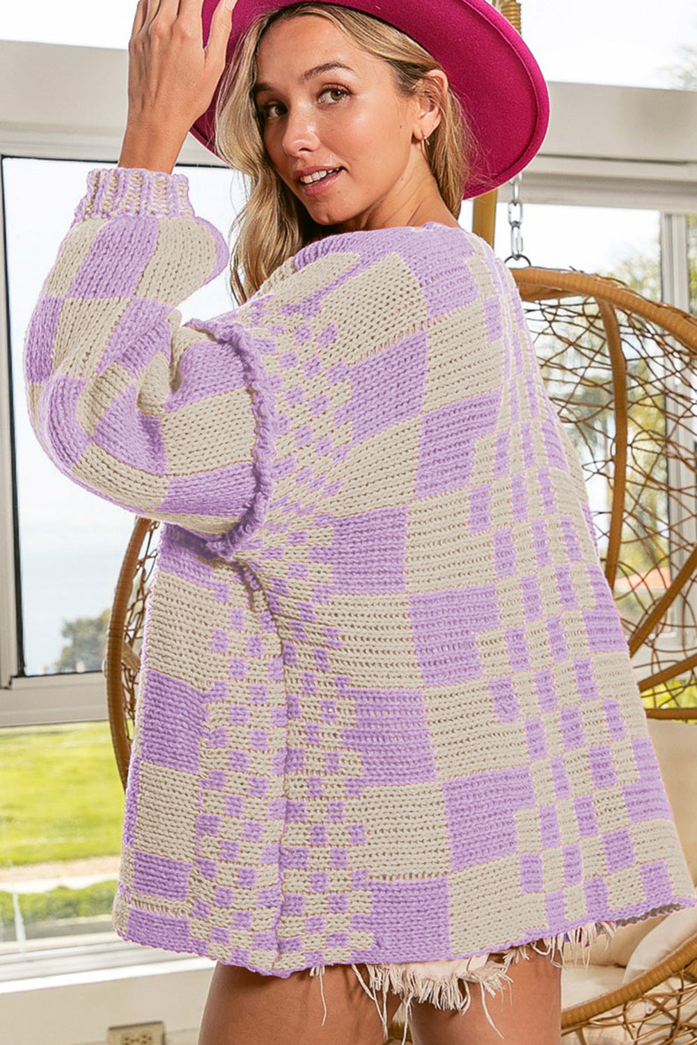 Multicolor Plaid Open Front Knitted Cardigan