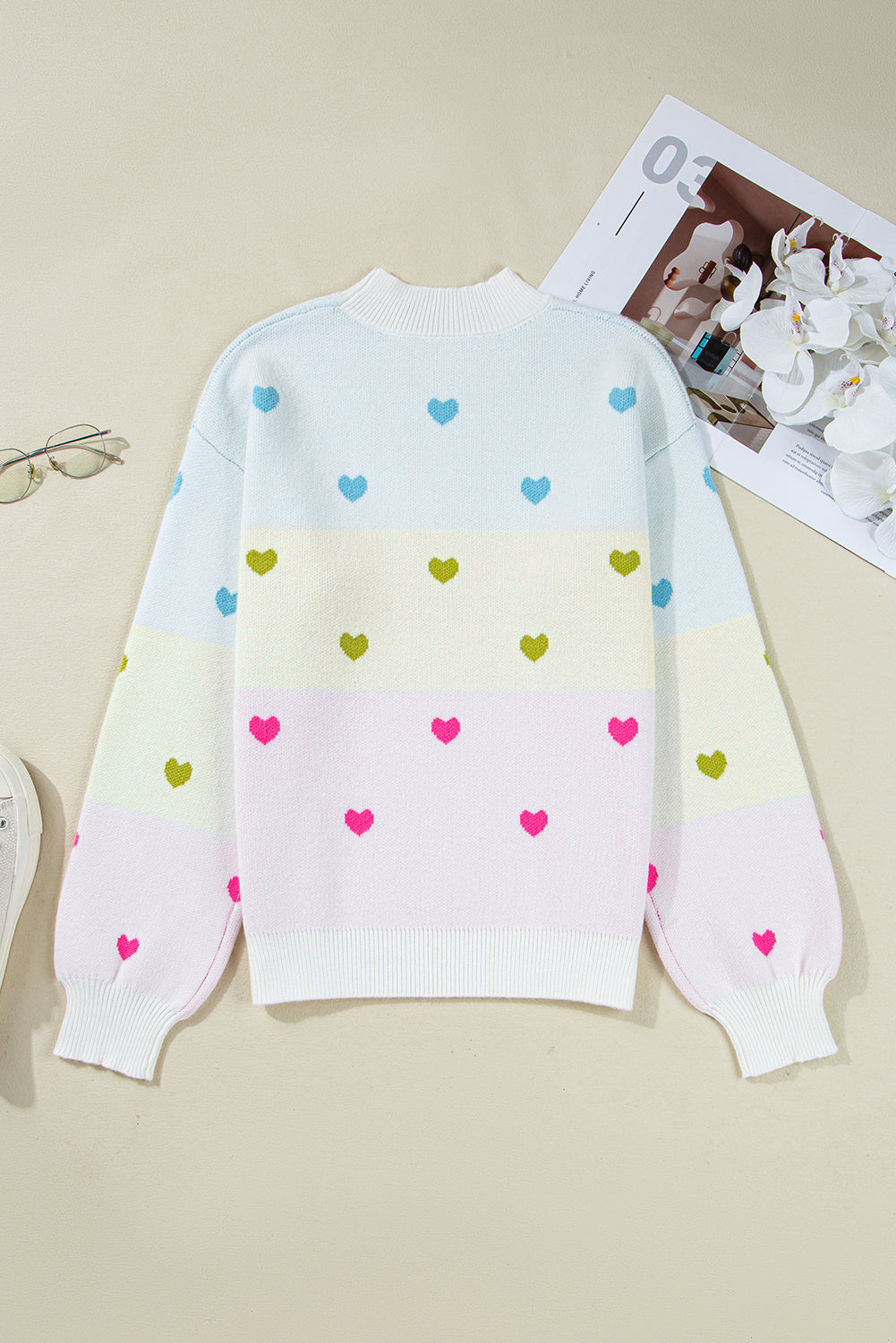 Multicolor Heart Pattern Colorblock High Neck Sweater