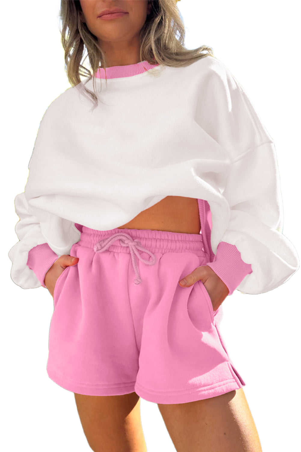 Strawberry Pink Colorblock Pullover and Drawstring Shorts Set