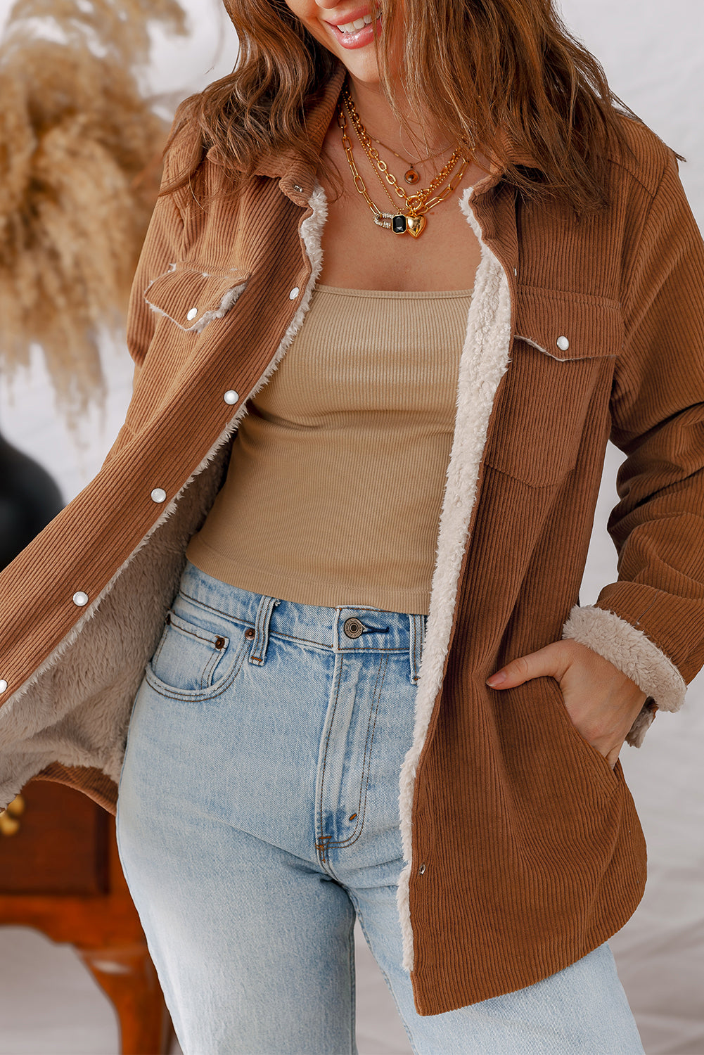 Cinnamon Fleece Lined Buttoned Flap Pockets Corduroy Jacket