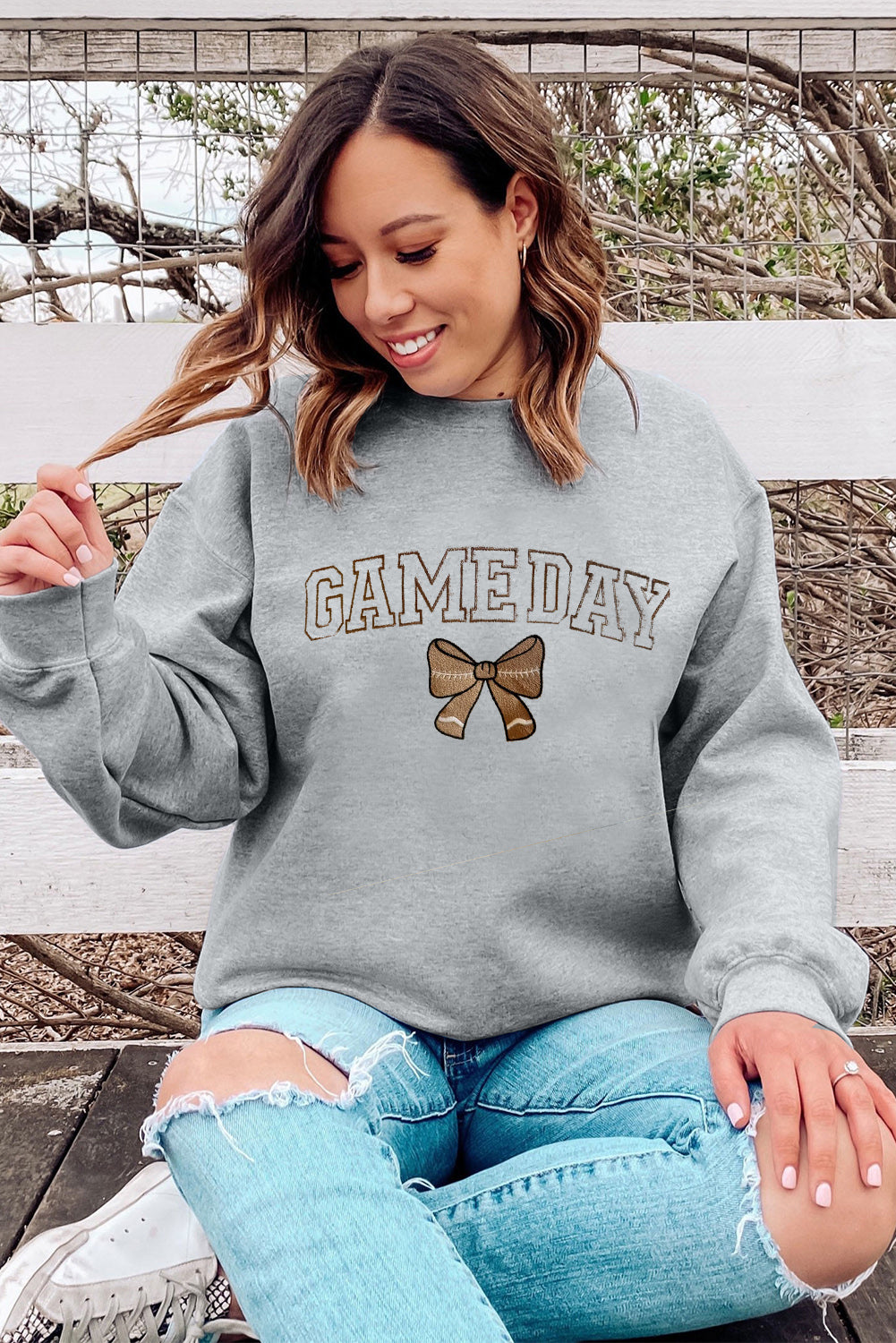 Gray GAME DAY Football Bow Embroidered Casual Sweatshirt