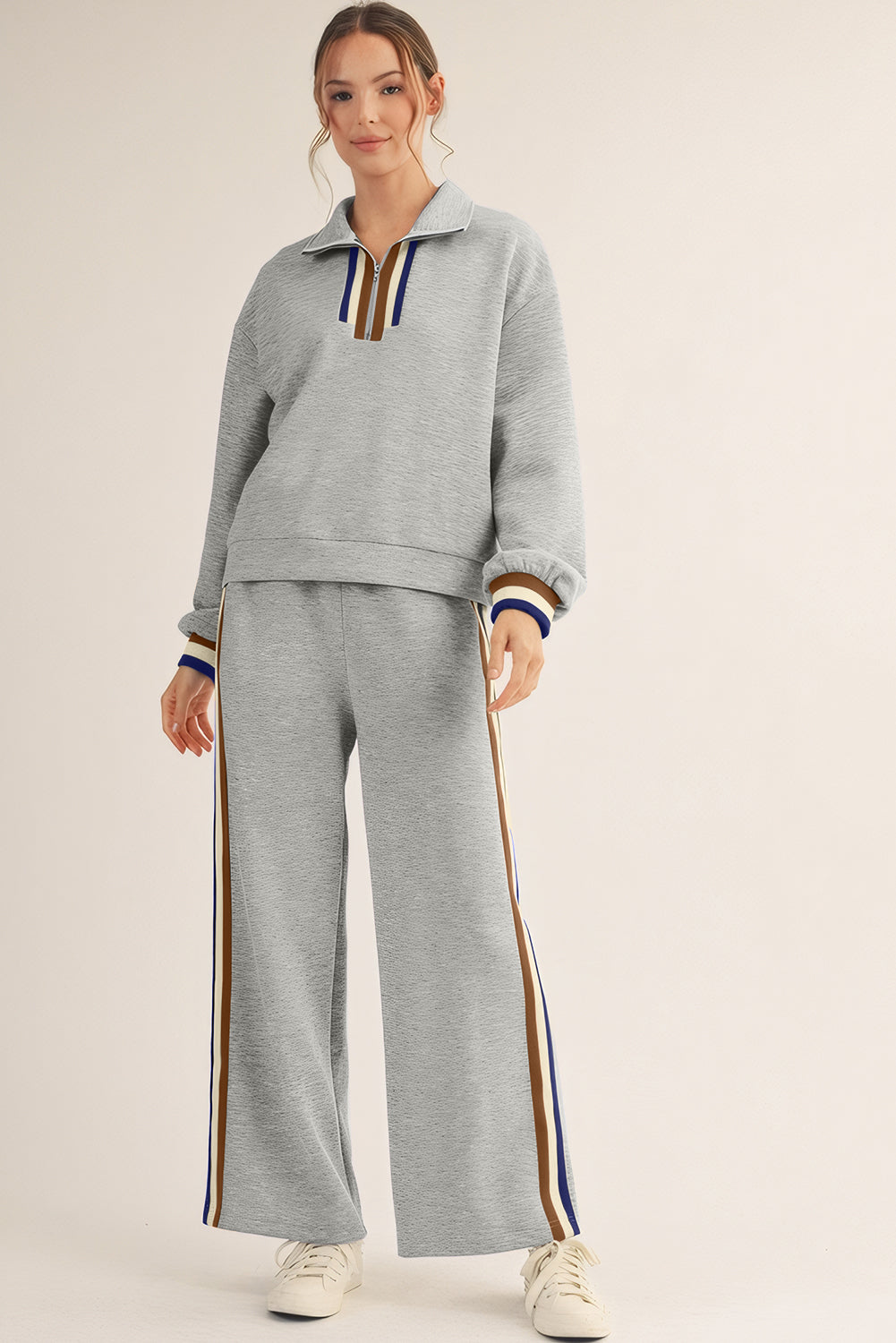 Apricot Striped Patchwork Quarter Zip Pullover Loose Pants Set