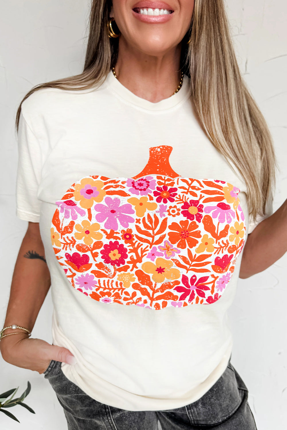 White Floral Pumpkin Graphic Fashion Tee