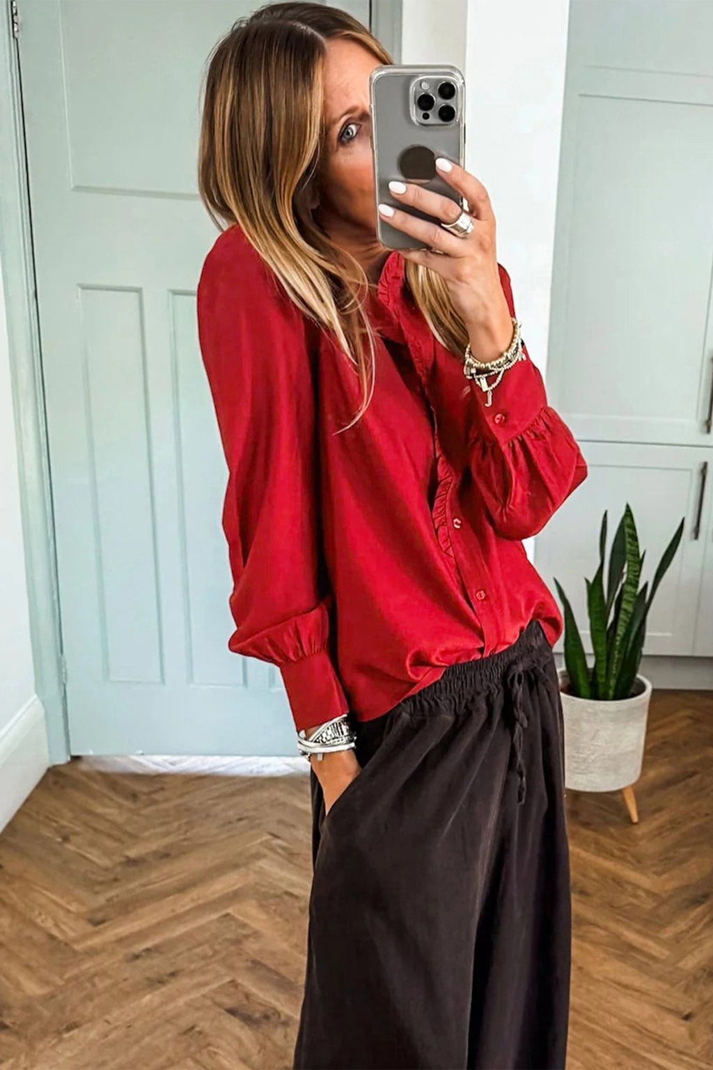 Fiery Red Frilled Trim Button Up Pleated Long Sleeve Shirt