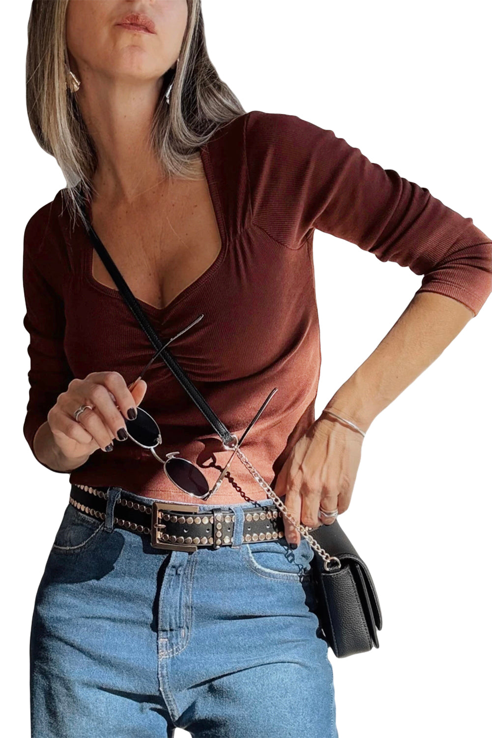 Burgundy Ruched Sweetheart Neck Ribbed Long Sleeve Top