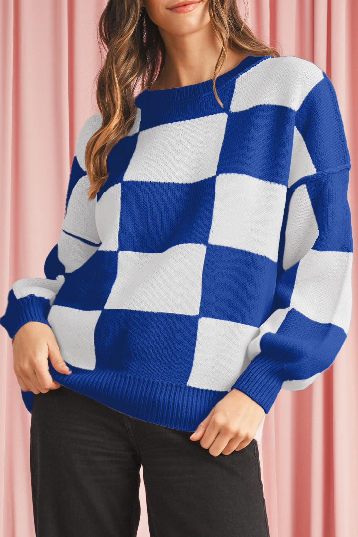 Pull à manches bouffantes à carreaux bleu foncé