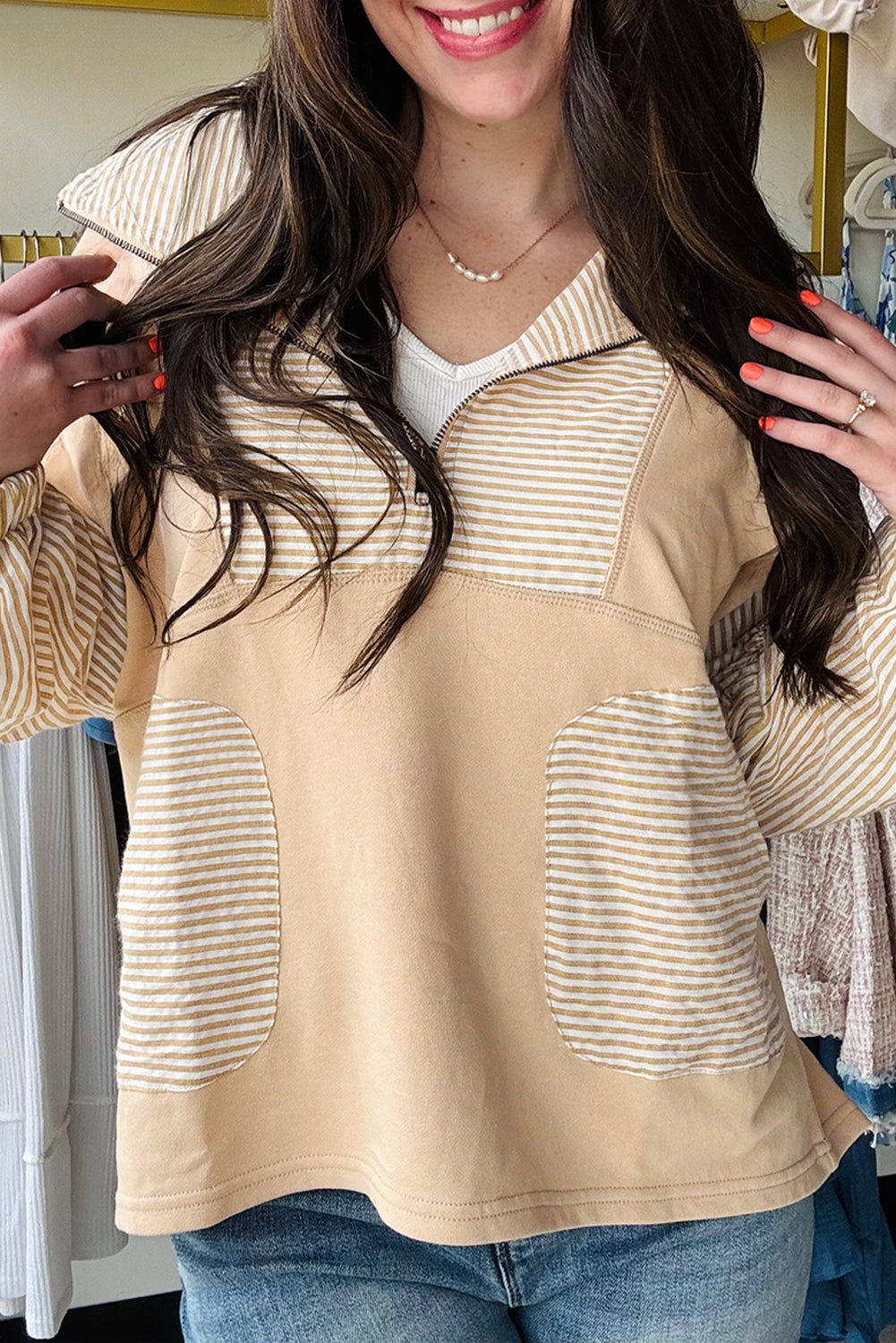Smoke Gray Striped Patchwork Zip Collar Long Sleeve Top