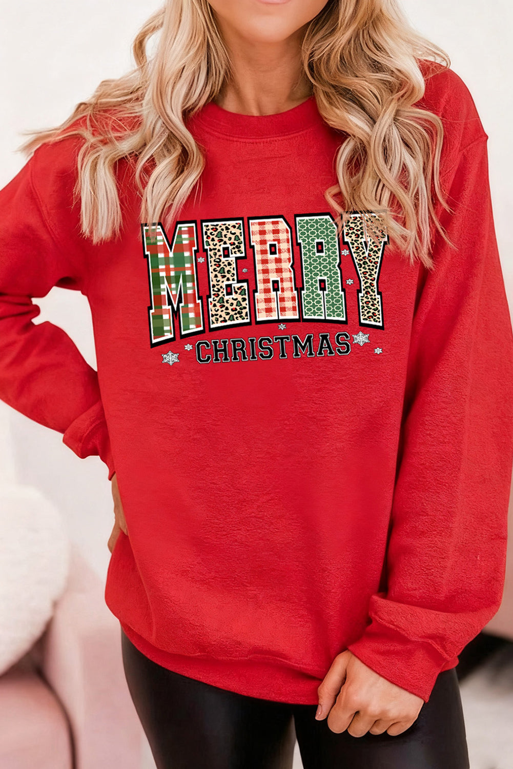Red MERRY CHRISTMAS Graphic Heat Transfer Printing Holiday Sweatshirt