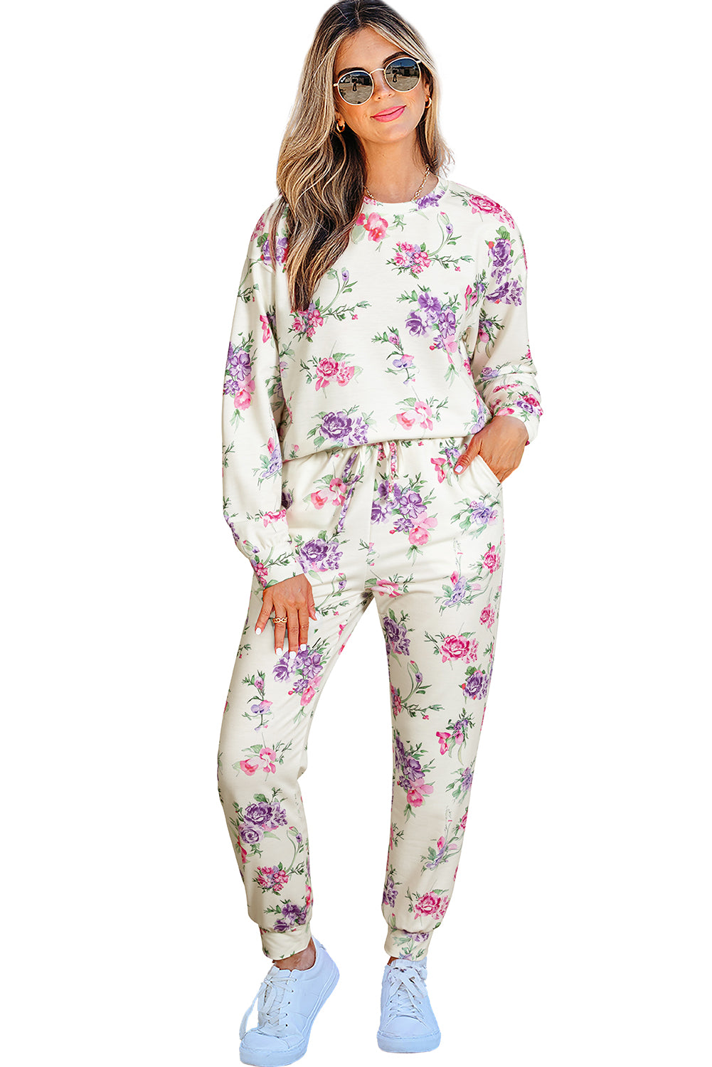 Apricot Floral Print Pullover Drawstring Lounge Pants Set