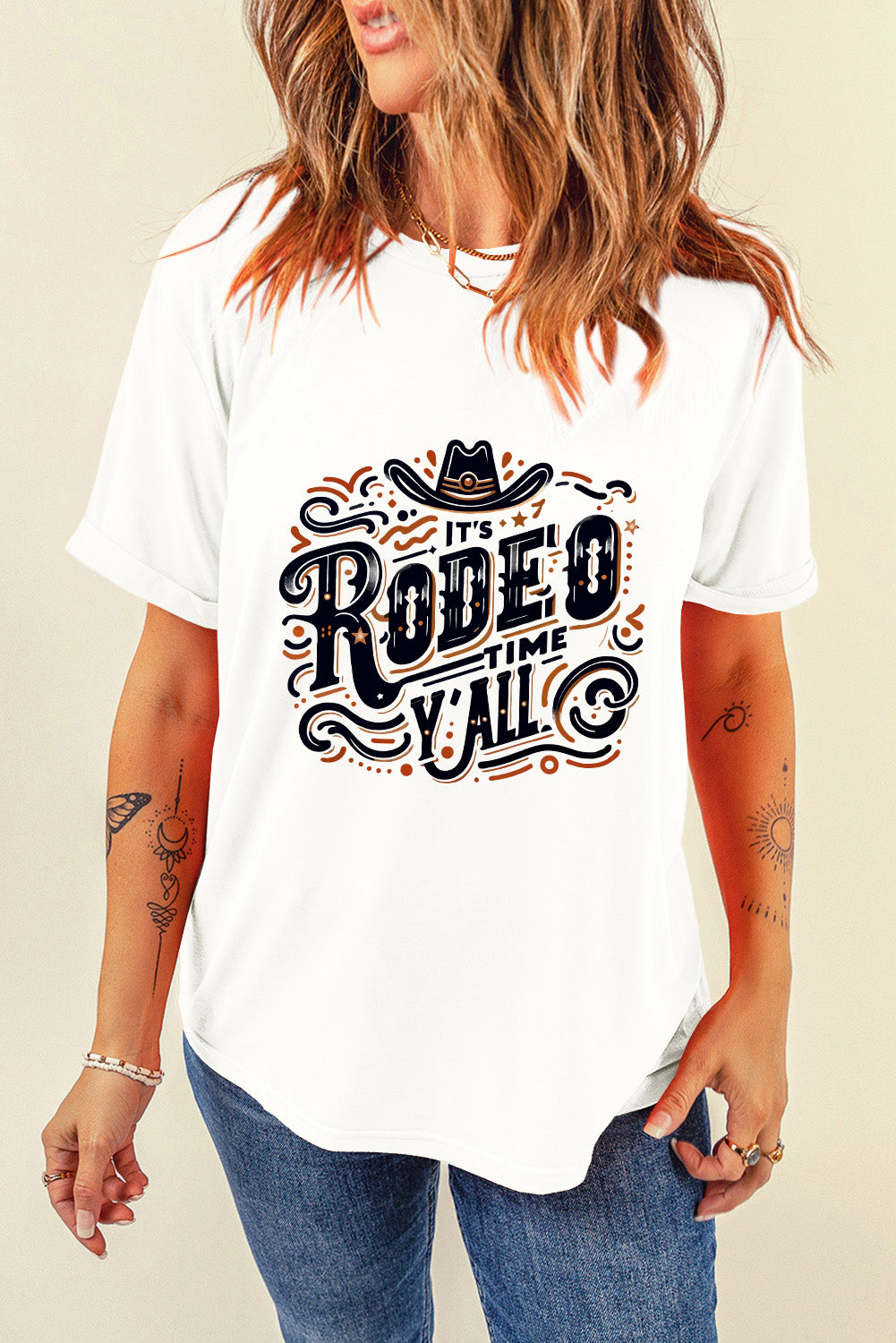 White IT'S RODEO TIME YALL Crewneck Graphic T Shirt