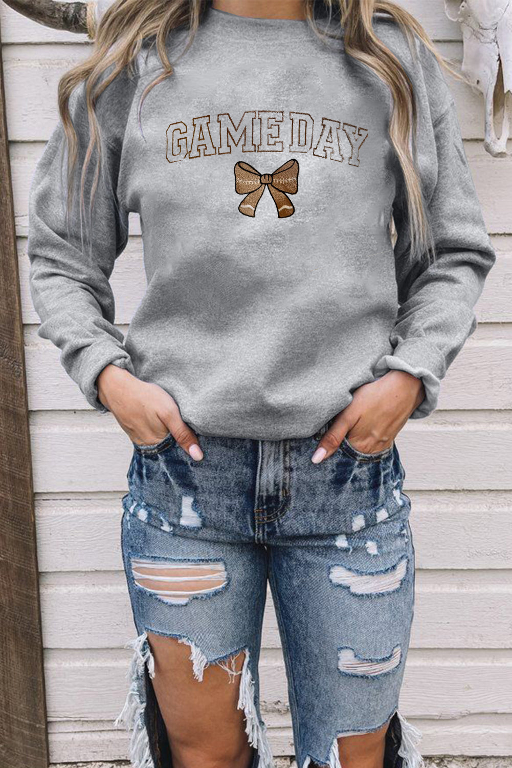 Gray GAME DAY Football Bow Embroidered Casual Sweatshirt