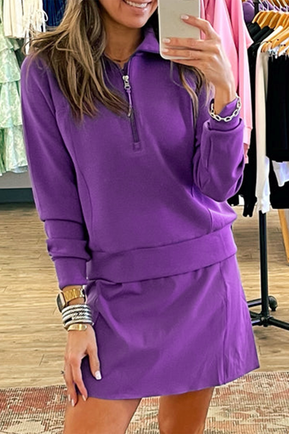 Pink Half Zip Sporty Pullover Mini Skirt 2pcs Outfit