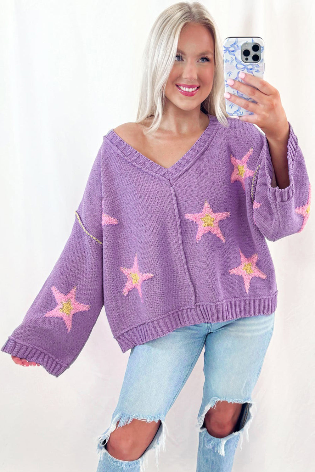 Pull oversize à col en V et épaules tombantes, motif étoile brossé Lavendula