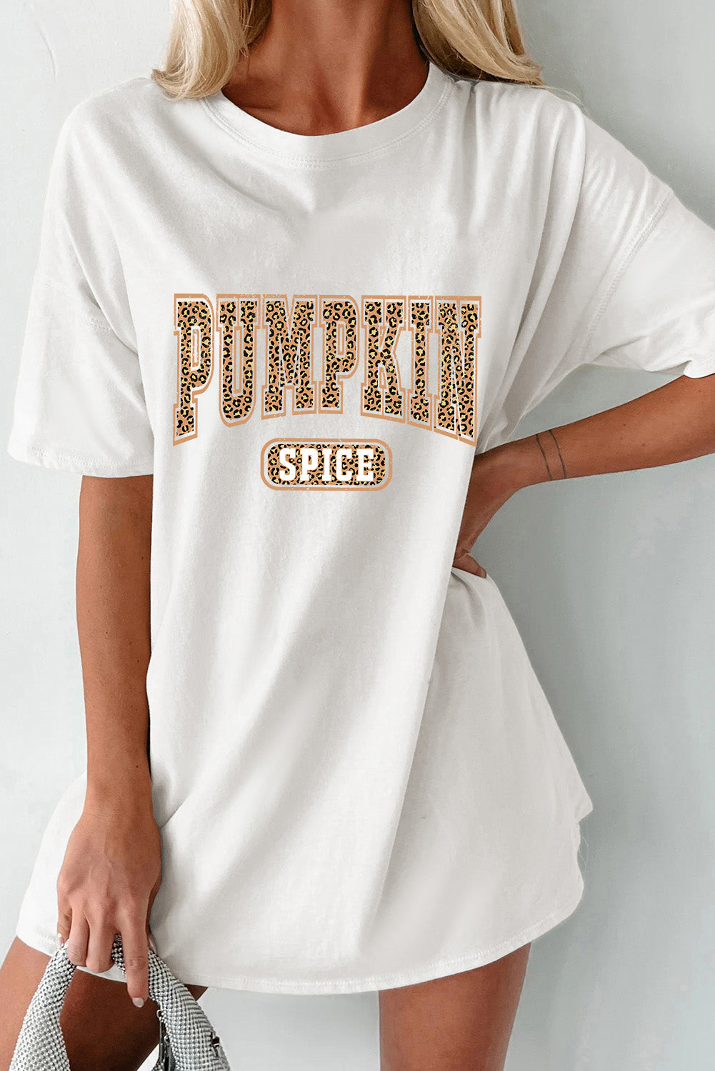 White PUMPKIN SPICE Leopard Graphic Tunic T Shirt