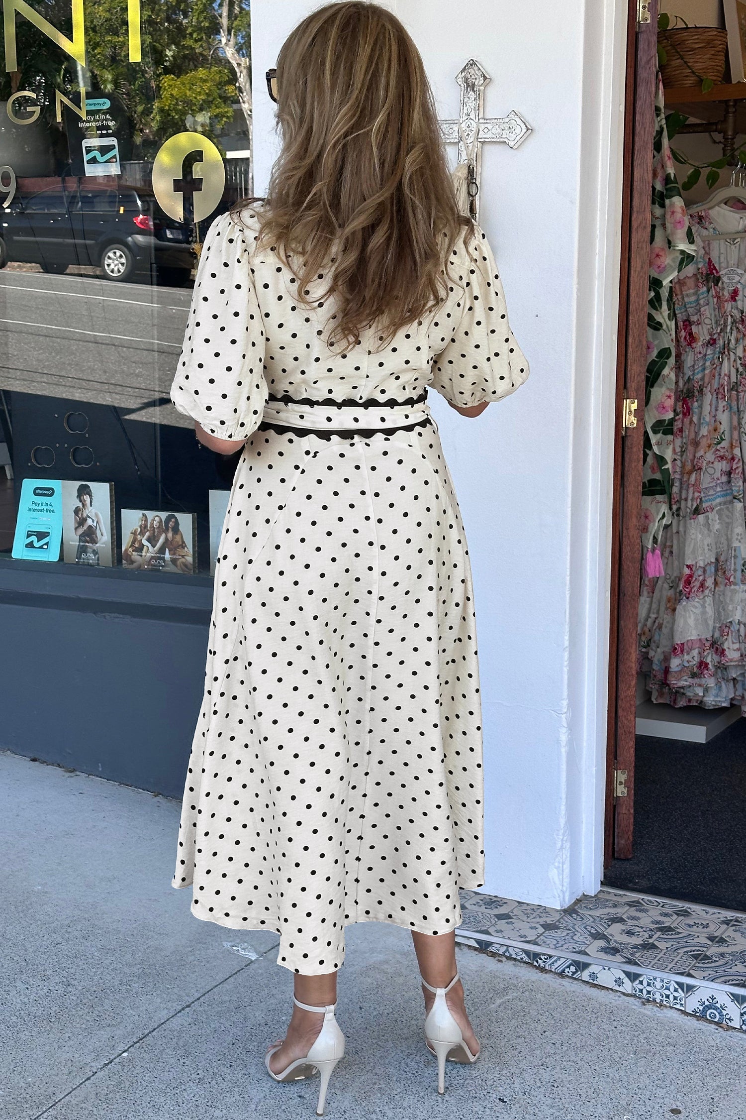 White Polka Dot Printed Contrast Scalloped Trim Shirt Collar Button Down Belted Midi Dress