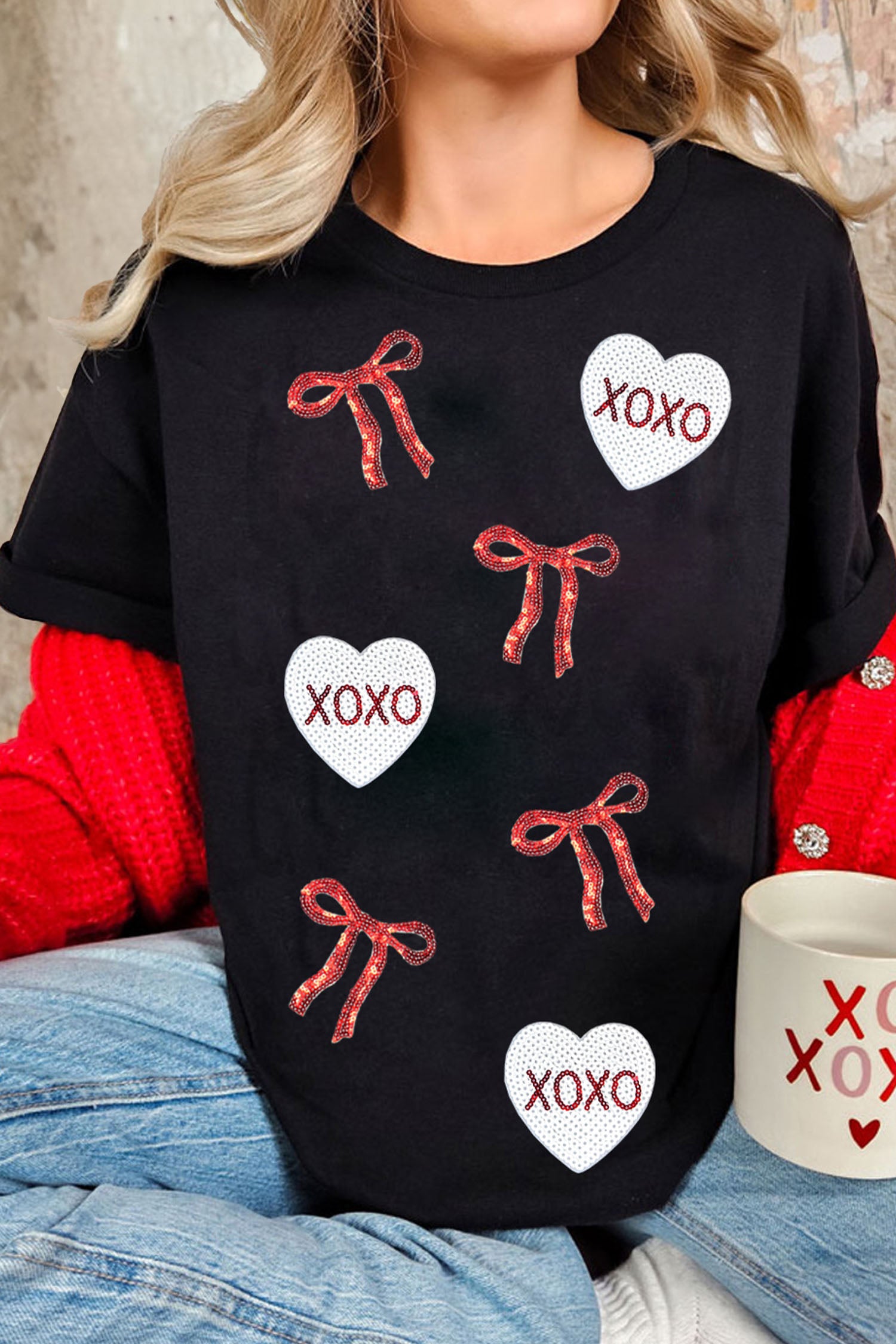 Black Valentines Bow XOXO Heart Sequin Patched Loose T Shirt