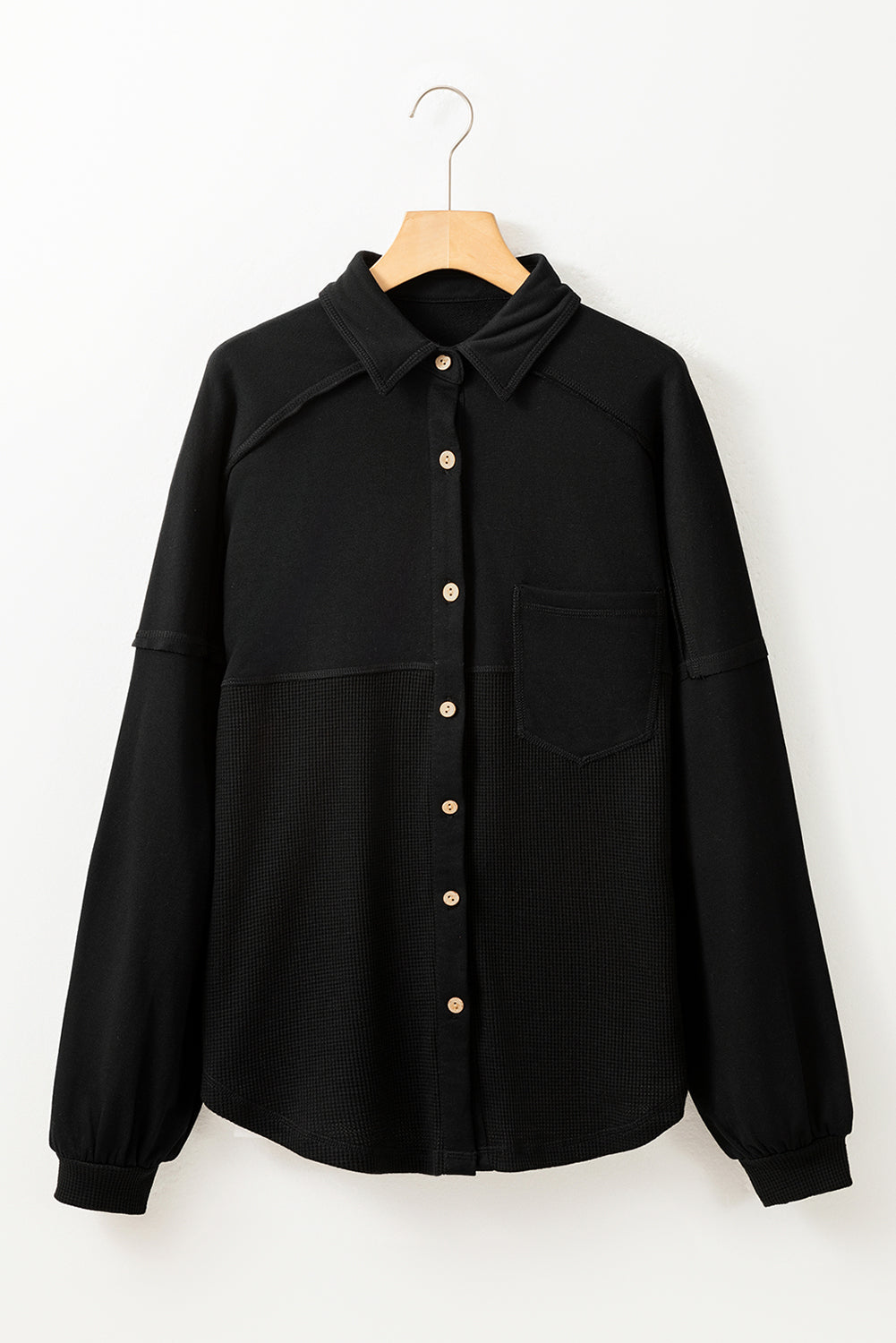 Black Waffle Knit Patchwork Exposed Seam Loose Shacket