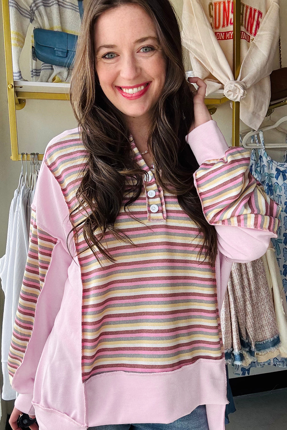 Pink Striped Patchwork Button V Neck Pullover Sweatshirt