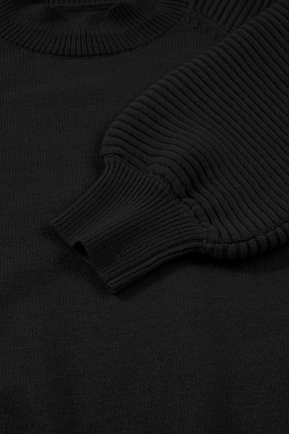 Suéter negro de cuello alto con mangas abullonadas y minifalda plisada, conjunto de punto de 2 piezas