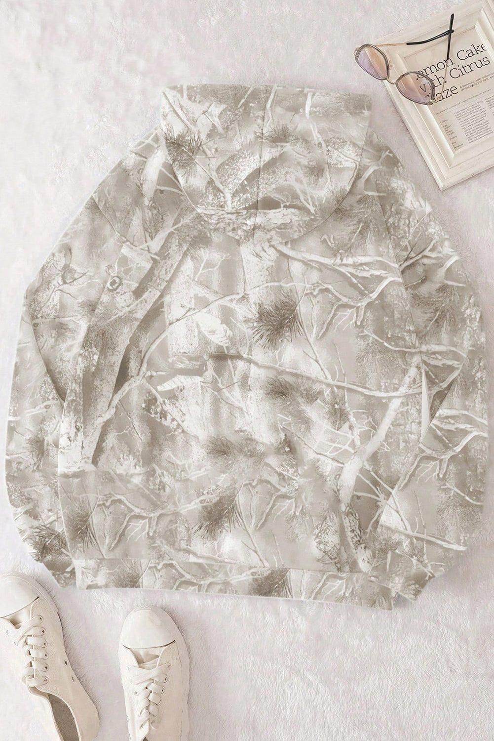 Beige Camouflage Plant Print Kangaroo Pocket Oversized Hoodie