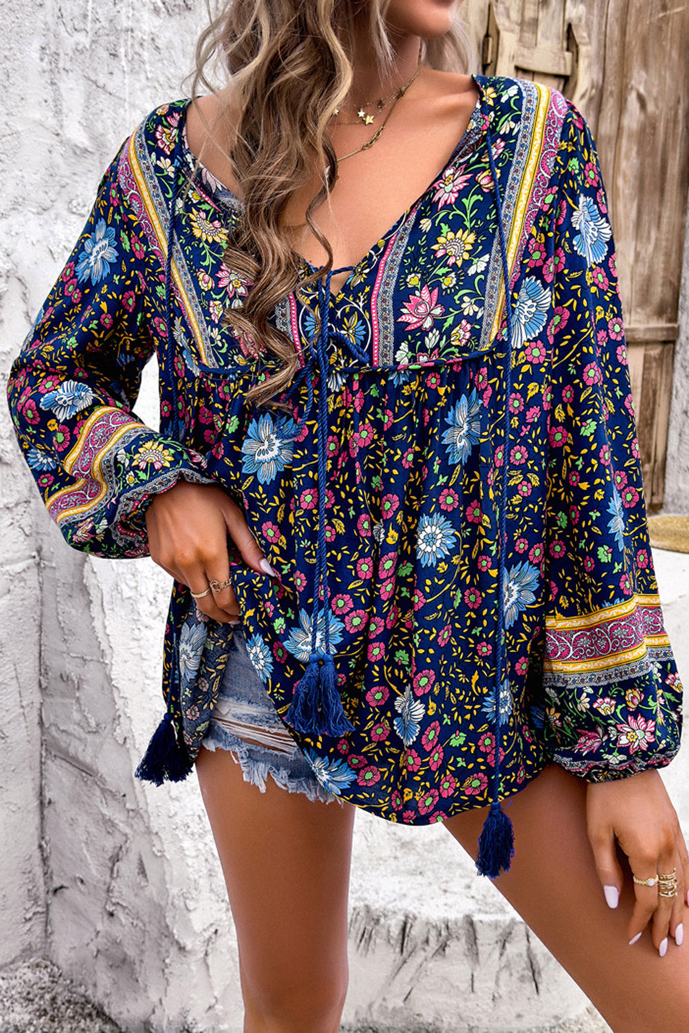Blue Ethnic Print Tassel Tie Front Blouse