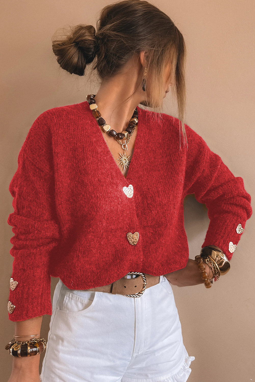 Fiery Red Heart Metal Button V Neck Cardigan Sweater