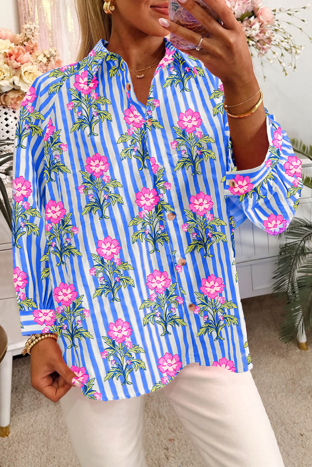 Blue Striped Floral Print Loose Fit Shirt