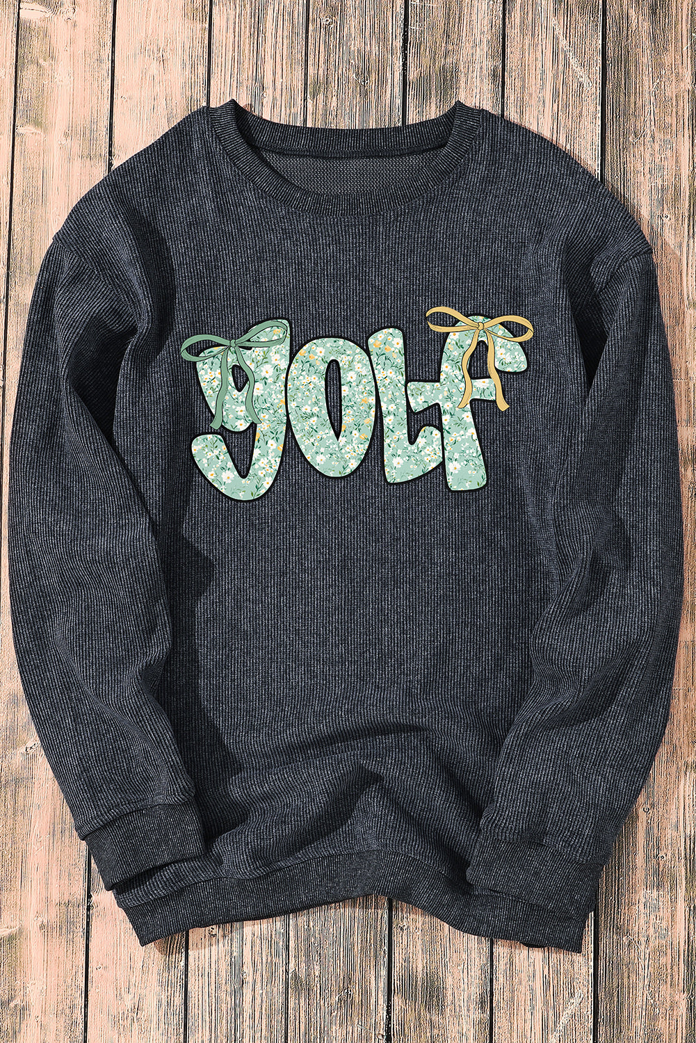 Gray Twisted Ribbed Floral GOLF Letter Bow Printed Sweatshirt