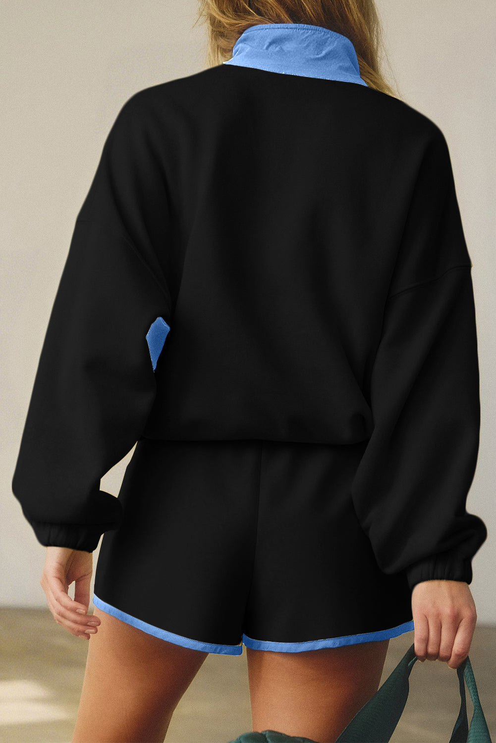 Navy Blue Colorblock Patchwork Half Button Pullover and Shorts Outfit