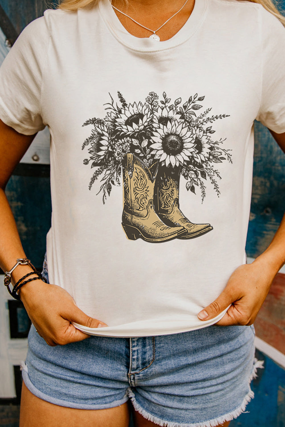 White Sunflower Boots Cotton Blend Graphic Tee