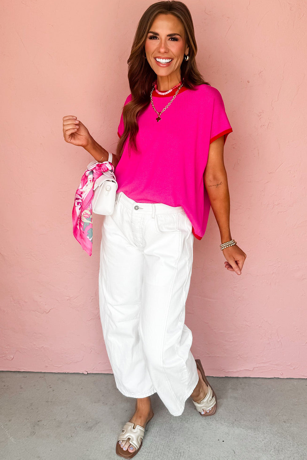 Rose Red Contrast Trim Round Neck Short Sleeve Loose Knit Top